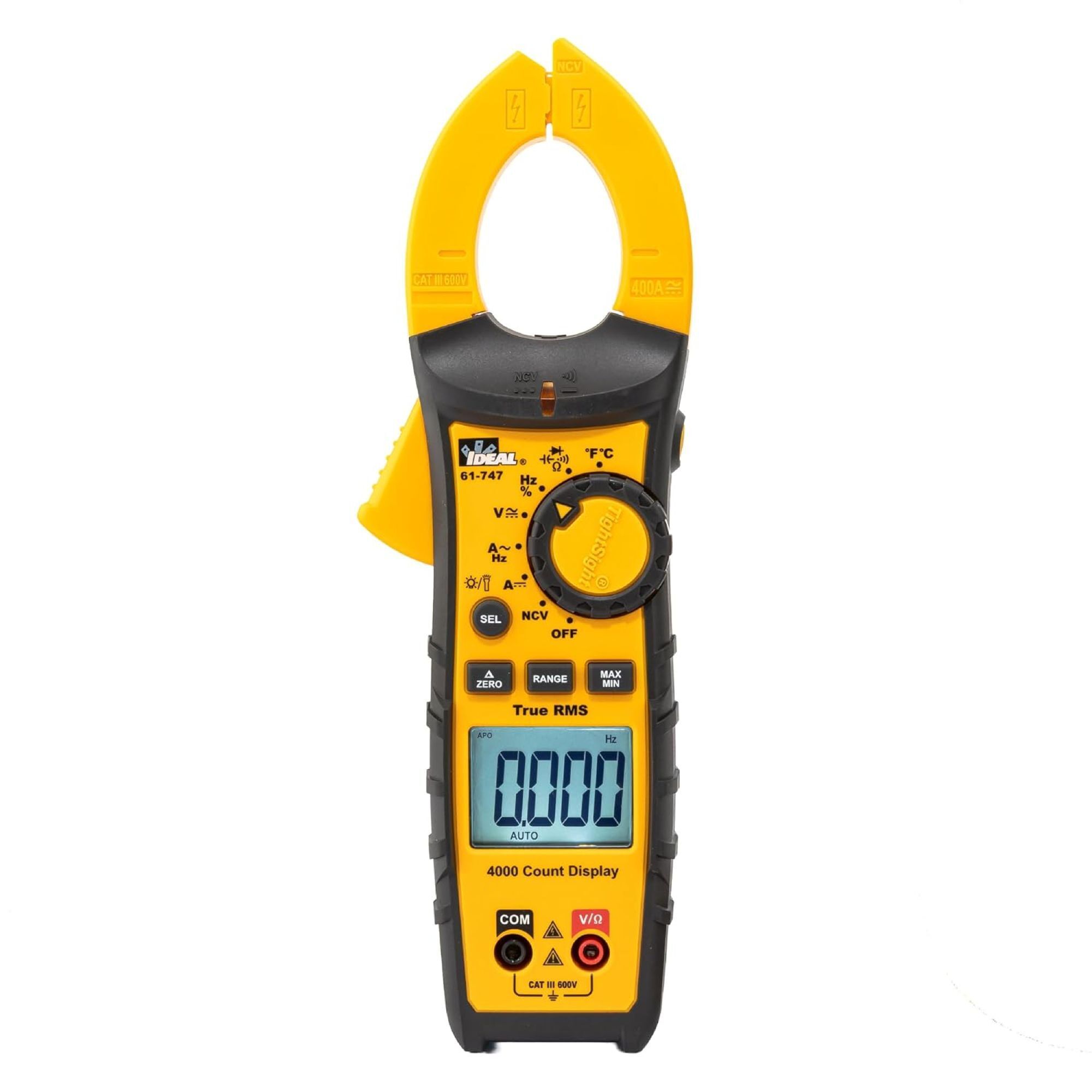 IDEAL, TightSight™ Clamp Meter 400A AC/DC, UL Certified CAT III 600V, measures 0-600 Amps AC/DC and 0-1000 Volts AC/DC, Auto Power Off, Backlit Display, Dual LCD Display, Data Hold, Diode Test, Auto Ranging, Audible Continuity, 61-747